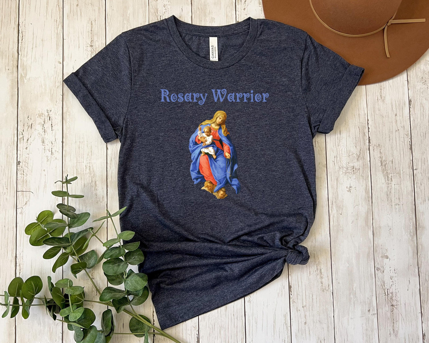 Virgin Mary Rosary Tee, Rosary Warrior Catholic T-Shirt, Marian Shirt, Catholic Apparel, Faith-Based Top, Catholic Gift
