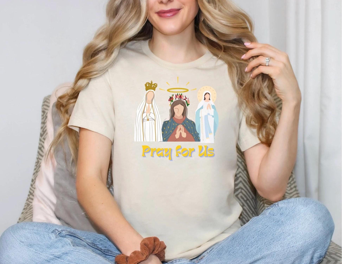 Blessed Virgin Mary T-Shirt, Marian Pray for Us T Shirt, Catholic Tee, Religious Shirt, Christian Apparel, Faith Gift for Him/Her