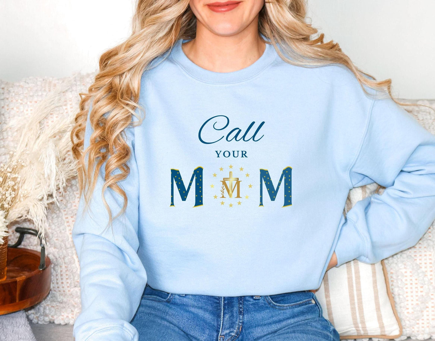 Blessed Virgin Mary Call Your Mother Sweatshirt, Unisex Catholic Top, Marian Cross Jumper, Catholic Mom Gift, Miraculous Medal Apparel