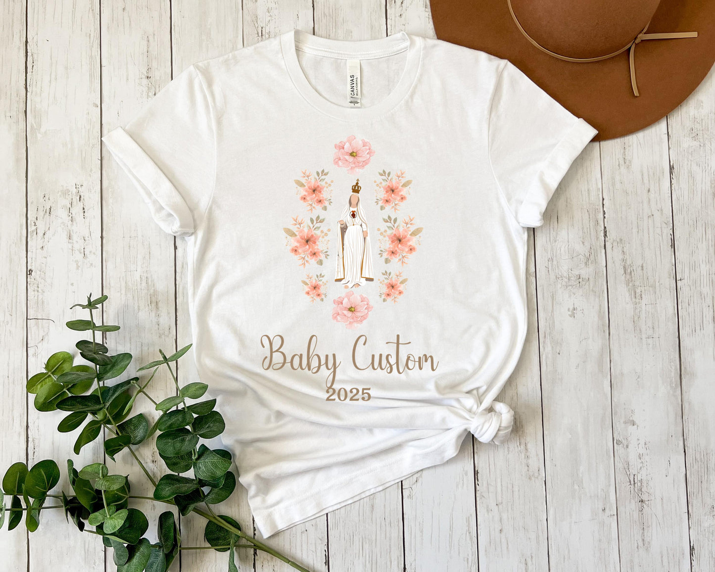 Custom Catholic Baby Announcement Tee, Unisex Jersey Short Sleeve Shirt, Personalized Virgin Mary, Baby Shower Gift, Marian Clothing