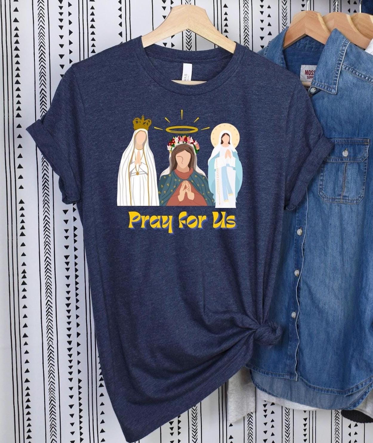 Blessed Virgin Mary T-Shirt, Marian Pray for Us T Shirt, Catholic Tee, Religious Shirt, Christian Apparel, Faith Gift for Him/Her