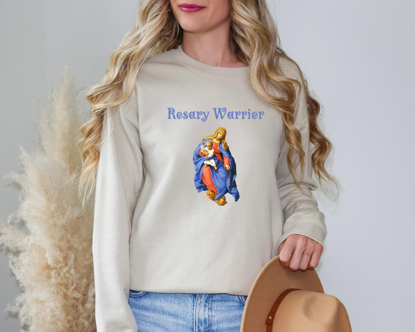 Blessed Virgin Mary Rosary Sweatshirt, Unisex Crewneck Jumper, Catholic Gift for Mom, Rosary Warrior Apparel, Catholic Sweatshirt