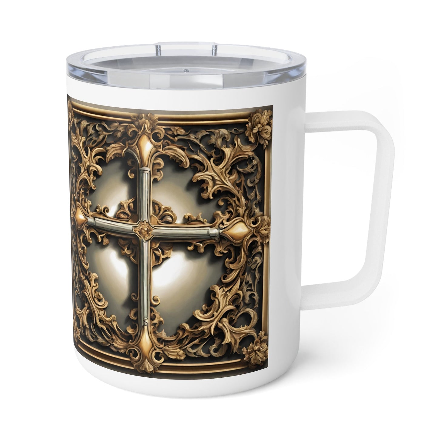 Decorative Cross Insulated Coffee Mug | 10oz | Snap-on Lid