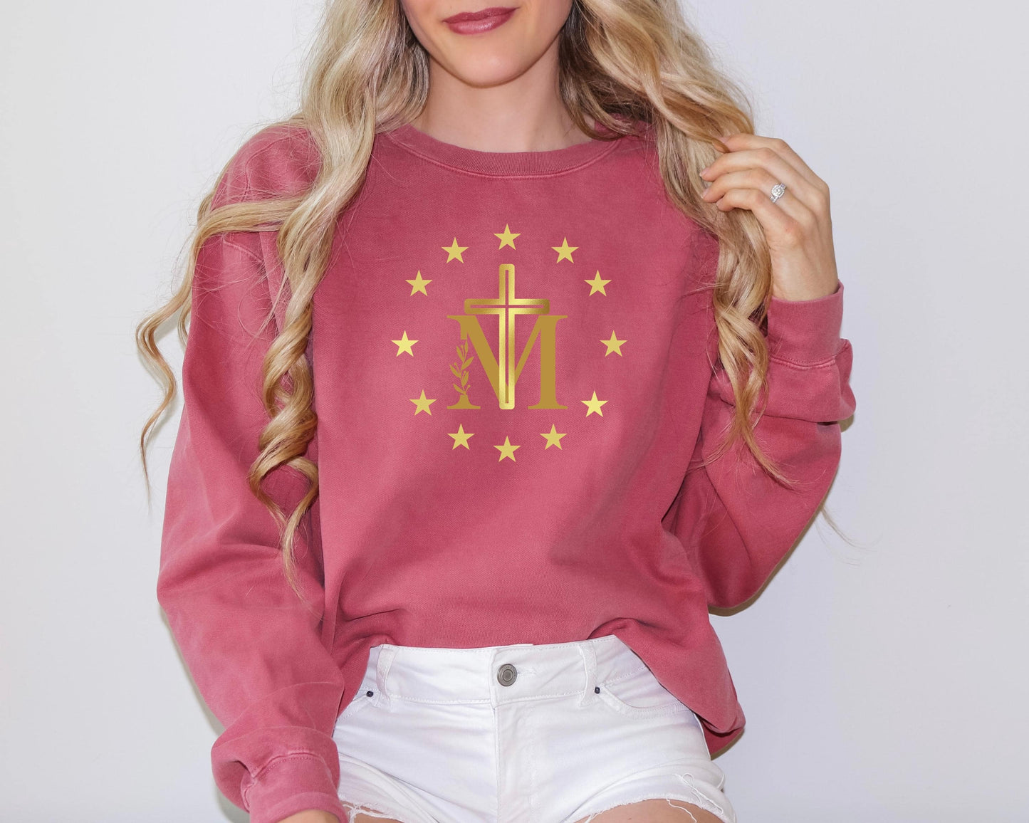 Marian Cross Blessed Virgin Mary Sweatshirt, Unisex Jumper for Catholics, Our Lady Gift, Blessed Mother Cross Crewneck, Religious Apparel