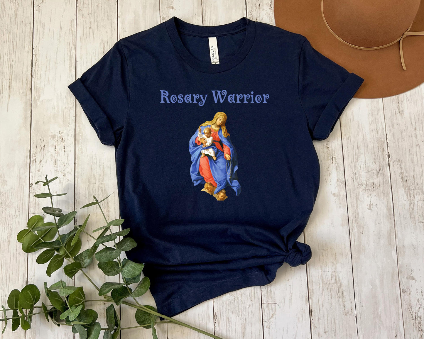 Virgin Mary Rosary Tee, Rosary Warrior Catholic T-Shirt, Marian Shirt, Catholic Apparel, Faith-Based Top, Catholic Gift