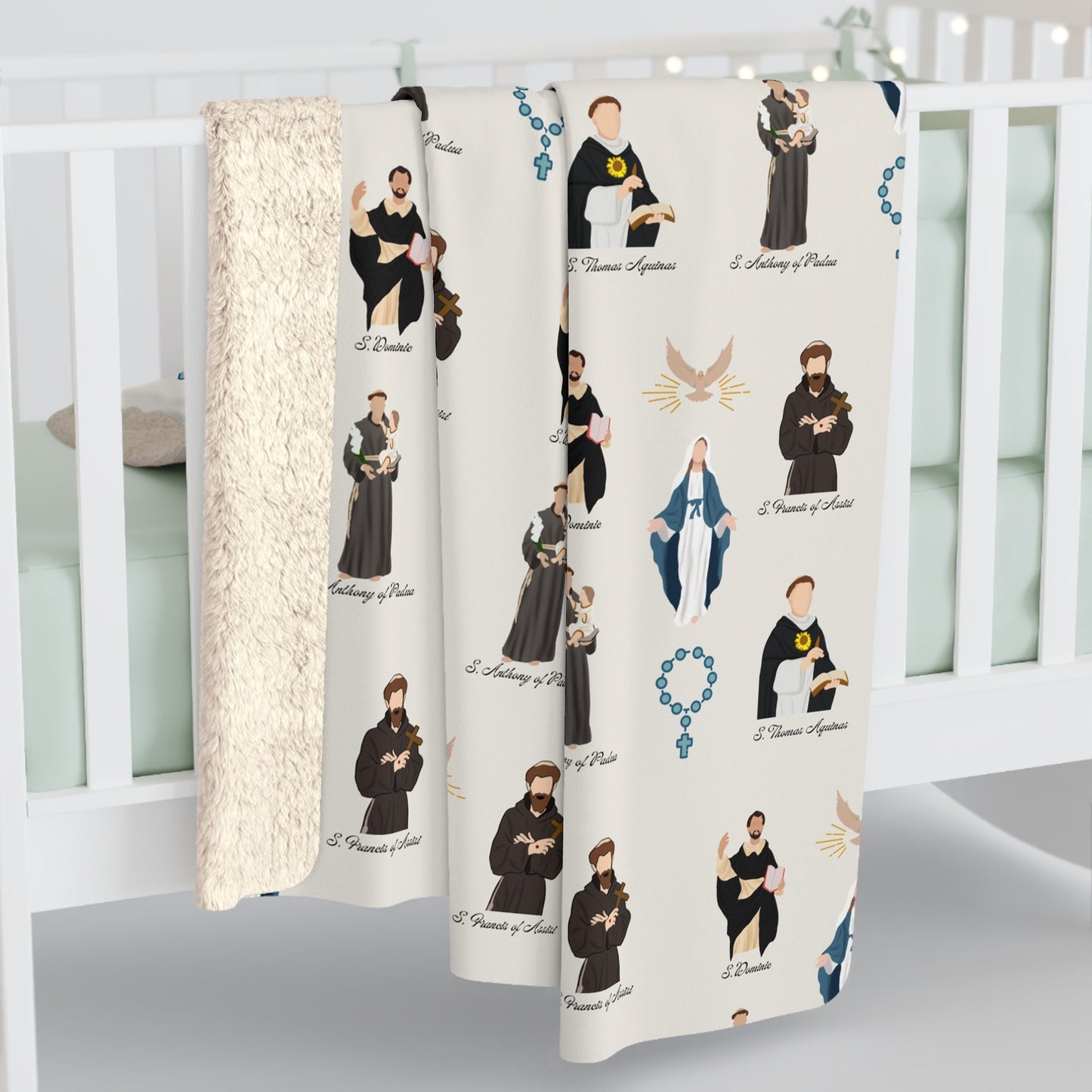 Catholic Saints Sherpa Fleece Blanket, Extra Warm Throw for Catholics, Featuring Saint Dominic, St Thomas Aquinas, Saint Anthony, St Francis