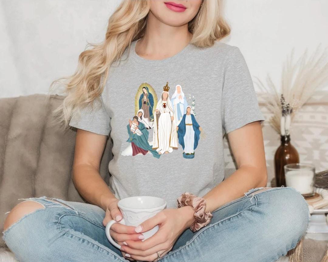 Blessed Virgin Mary Tee, Marian Medley T-Shirt, Our Lady of Fatima Top, Our Lady of Guadalupe Comfy T Shirt, Catholic Gifts