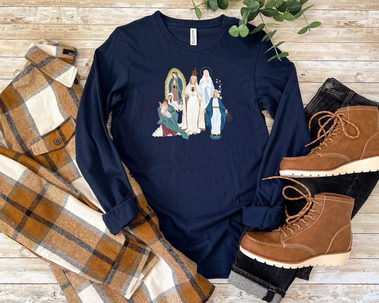 Blessed Virgin Mary Long Sleeve Tee, Marian Medley Shirt, Our Lady of Fatima Top, Our Lady of Guadalupe Long Sleeve T Shirt, Catholic Gifts