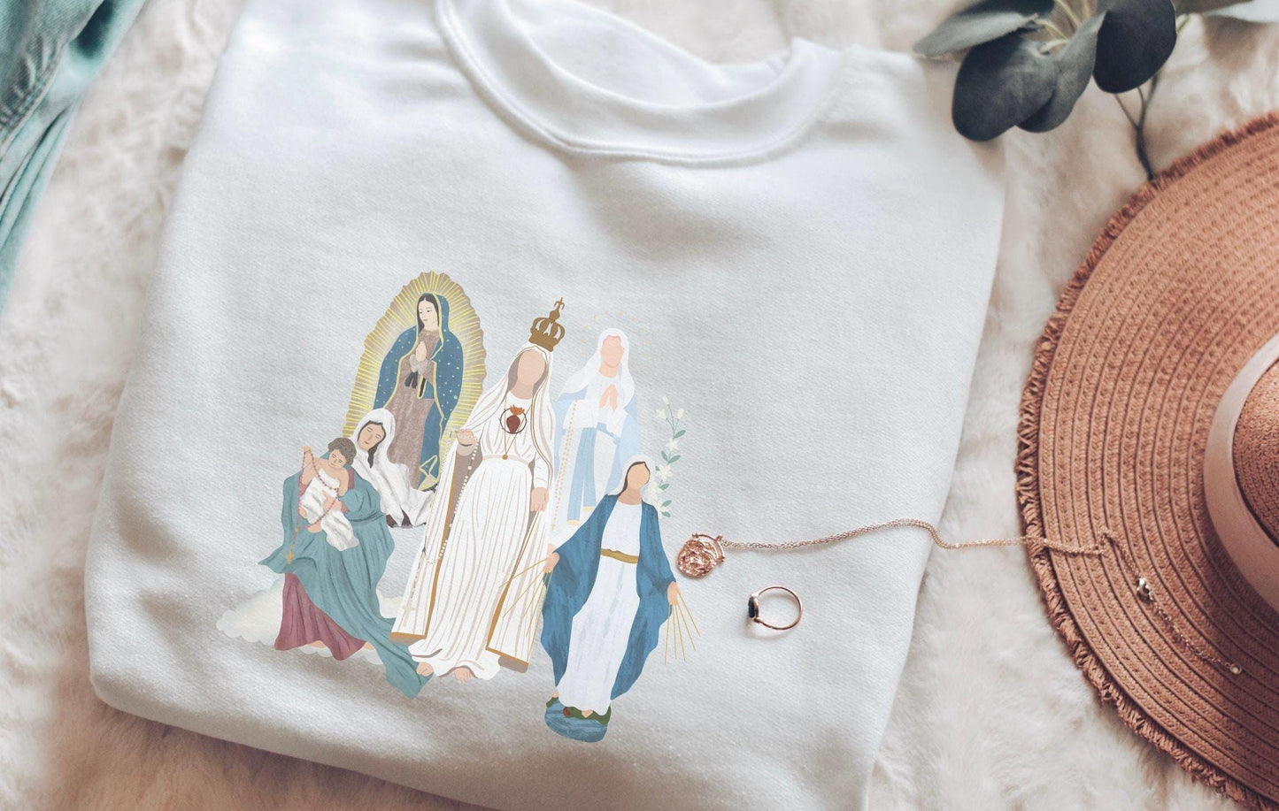 Blessed Virgin Mary DryBlend Sweatshirt, Marian Medley Sweatshirt, Crewneck Cozy Top, Our Lady of Guadalupe Warm Sweater, Catholic Gifts