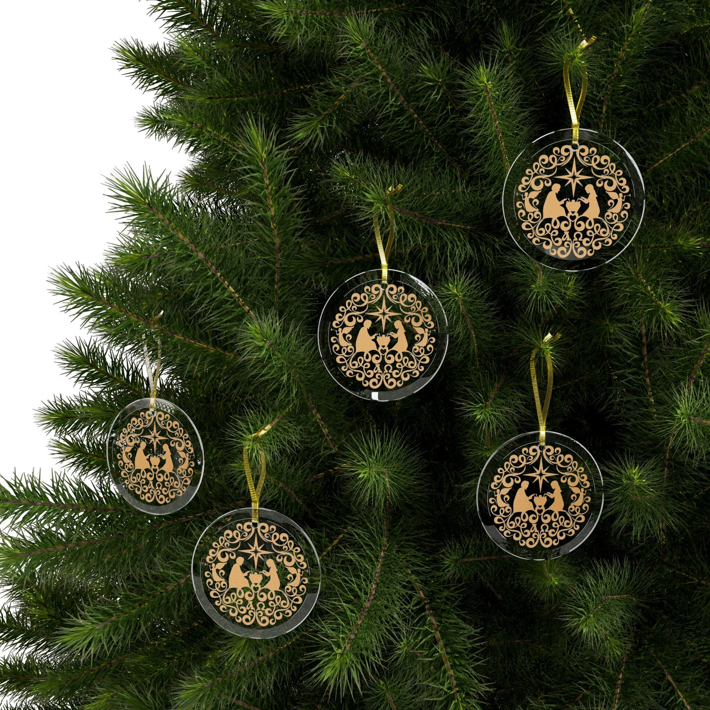 Gold Nativity Scene Glass Ornament, Nativity Christmas Ornaments, Catholic Gifts, Christian Ornament