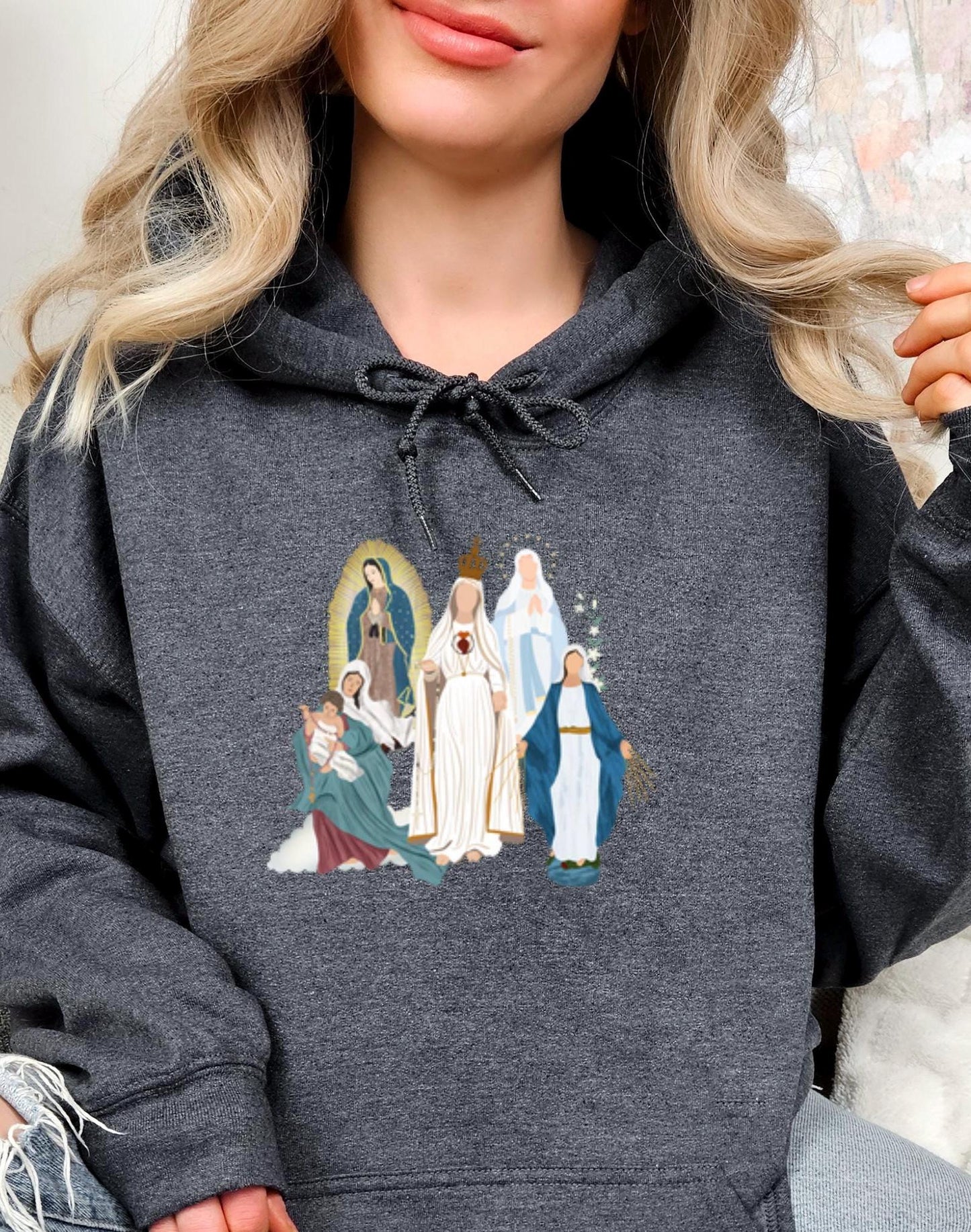 Blessed Virgin Mary Hooded Sweatshirt, Marian Medley Hoodie, Our Lady of Fatima Warm Top, Our Lady of Guadalupe Cozy Sweater, Catholic Gifts