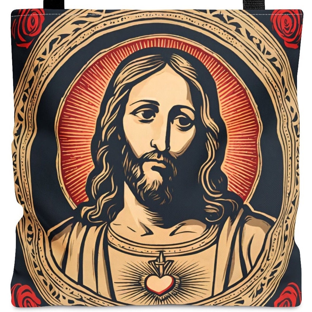 Catholic Tote Bag Sacred Heart of Jesus, Retro Catholic Totes, Sacred Heart Tote Bag, Vintage Style Daily Bag, Canvas Tote Bag