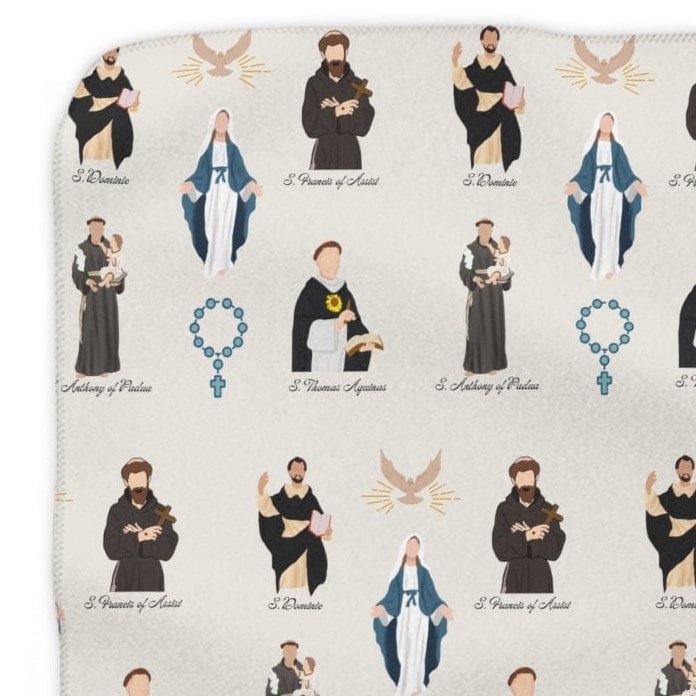Catholic Saints Sherpa Fleece Blanket, Extra Warm Throw for Catholics, Featuring Saint Dominic, St Thomas Aquinas, Saint Anthony, St Francis