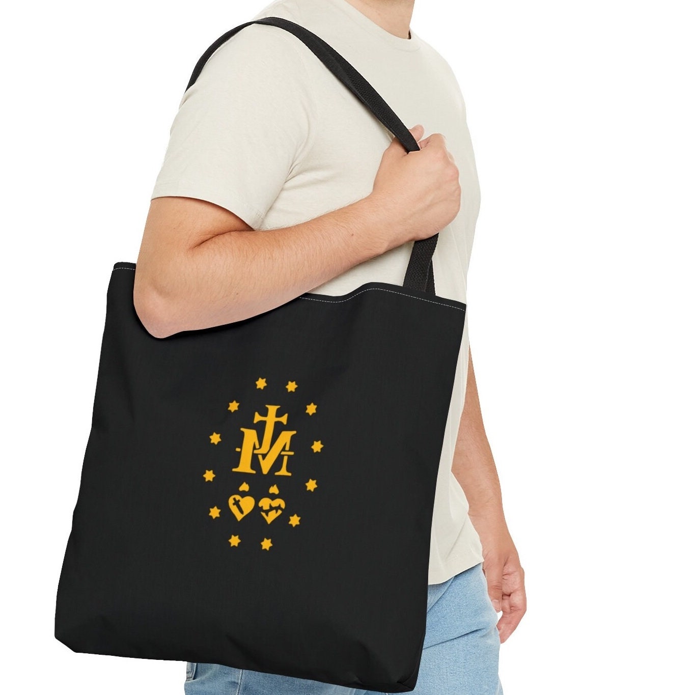 Miraculous Medal Tote Bag, Miraculous Medal of Our Lady, Retro Catholic Totes, Marian Tote Bag, Vintage Style Daily Bag, Canvas Tote Bag