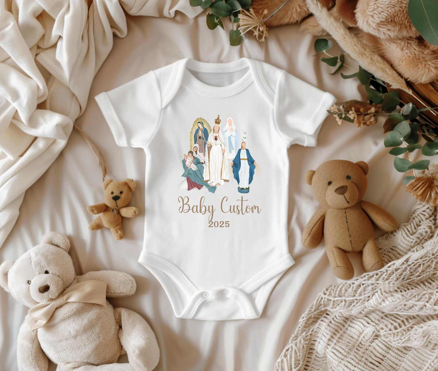 Personalized Virgin Mary Infant Bodysuit, Custom Marian Diaper Shirt, Our Lady of Fatima, Religious Infant One Piece, Baby Clothes, Baptism