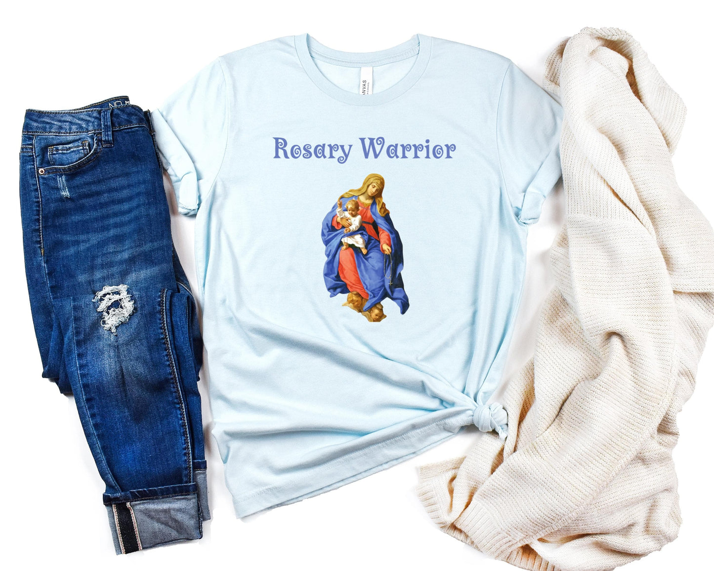 Virgin Mary Rosary Tee, Rosary Warrior Catholic T-Shirt, Marian Shirt, Catholic Apparel, Faith-Based Top, Catholic Gift