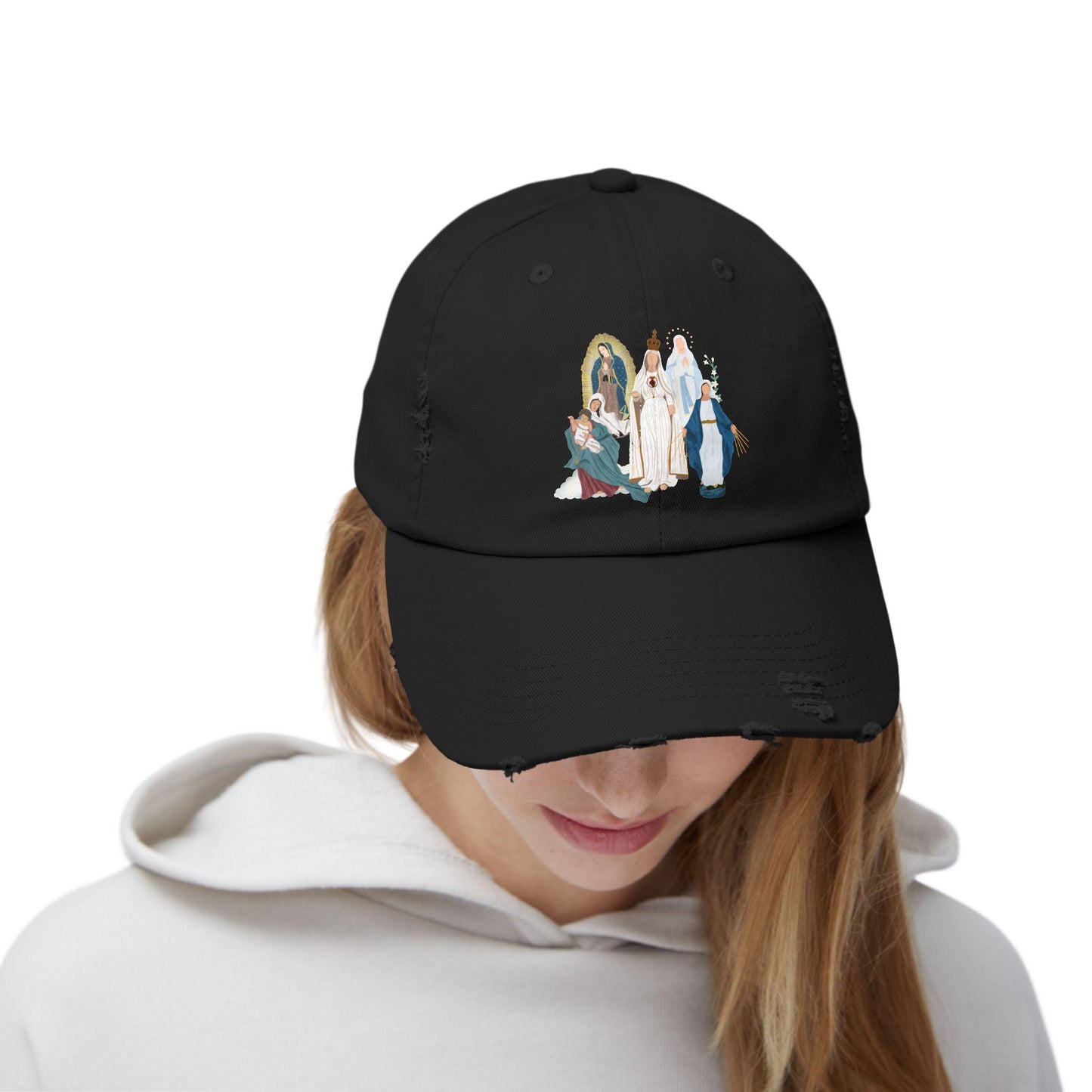 Distressed Cap, Marian Hat - Unisex Blessed Virgin Mary Headwear, Religious Baseball Cap, Christian Catholic Gift, Vintage Style Dad Hat