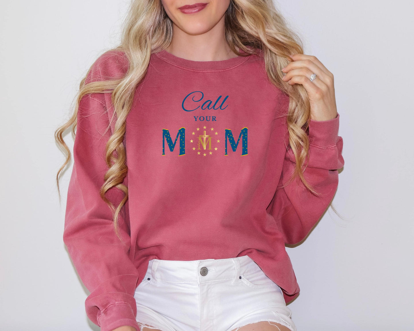 Call Your Mother Comfort Colors Sweatshirt, Blessed Virgin Mary Catholic Top, Marian Cross Jumper, Catholic Mom Gift, Miraculous Medal