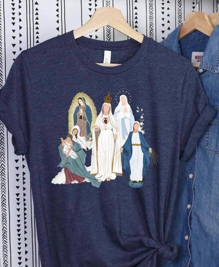 Blessed Virgin Mary Tee, Marian Medley T-Shirt, Our Lady of Fatima Top, Our Lady of Guadalupe Comfy T Shirt, Catholic Gifts