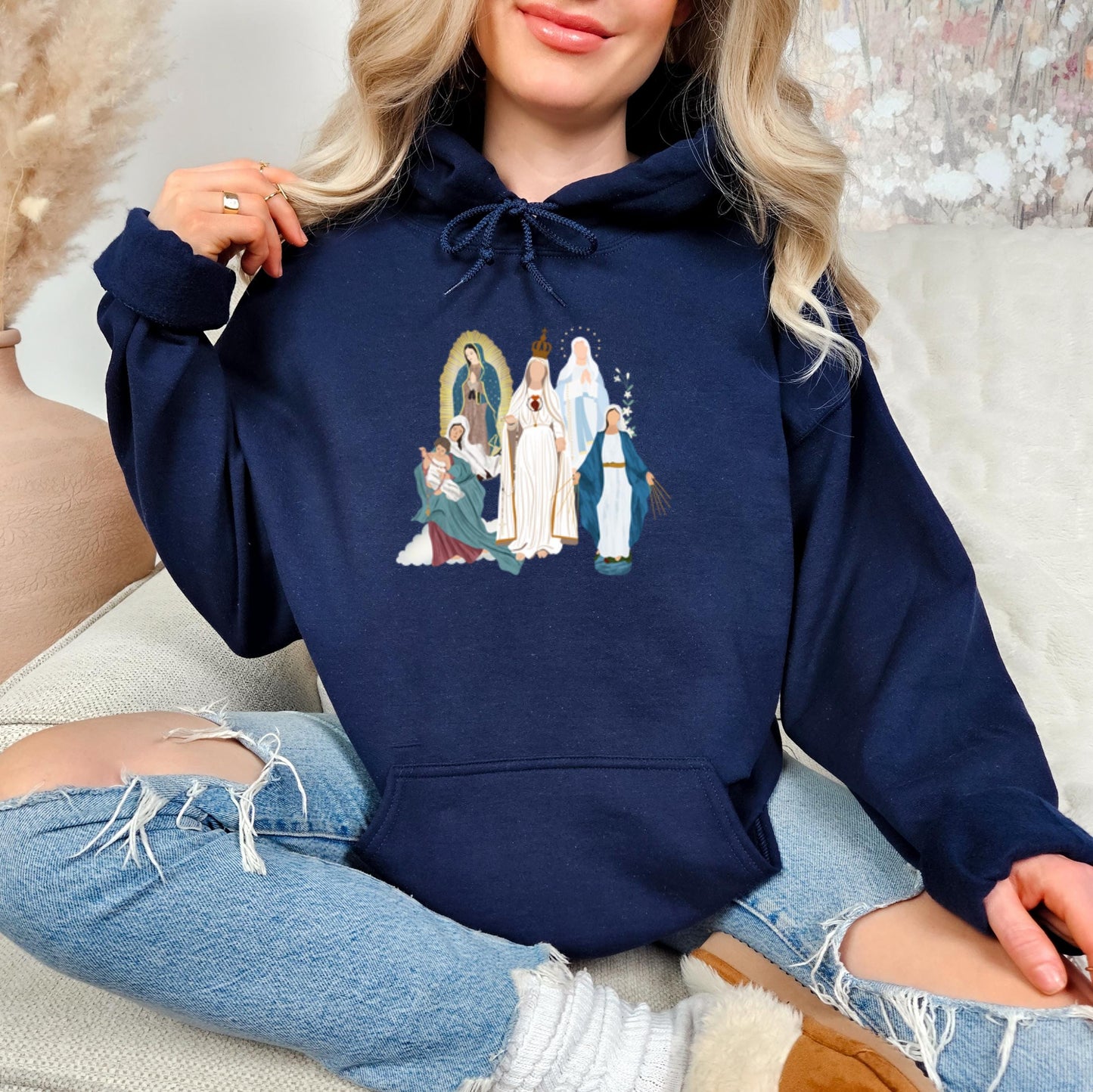Blessed Virgin Mary Hooded Sweatshirt, Marian Medley Hoodie, Our Lady of Fatima Warm Top, Our Lady of Guadalupe Cozy Sweater, Catholic Gifts