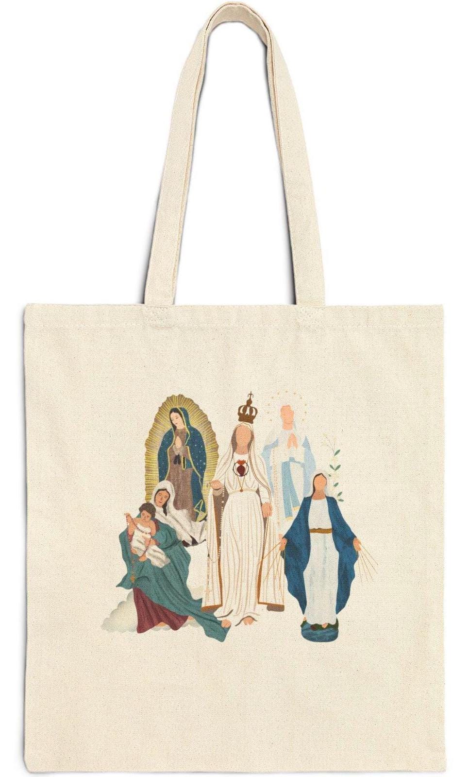 Virgin Mary Cotton Canvas Tote Bag, Christian Catholic Gift, Reusable Carryall, Shopping Handbag, Faithful Mother Design