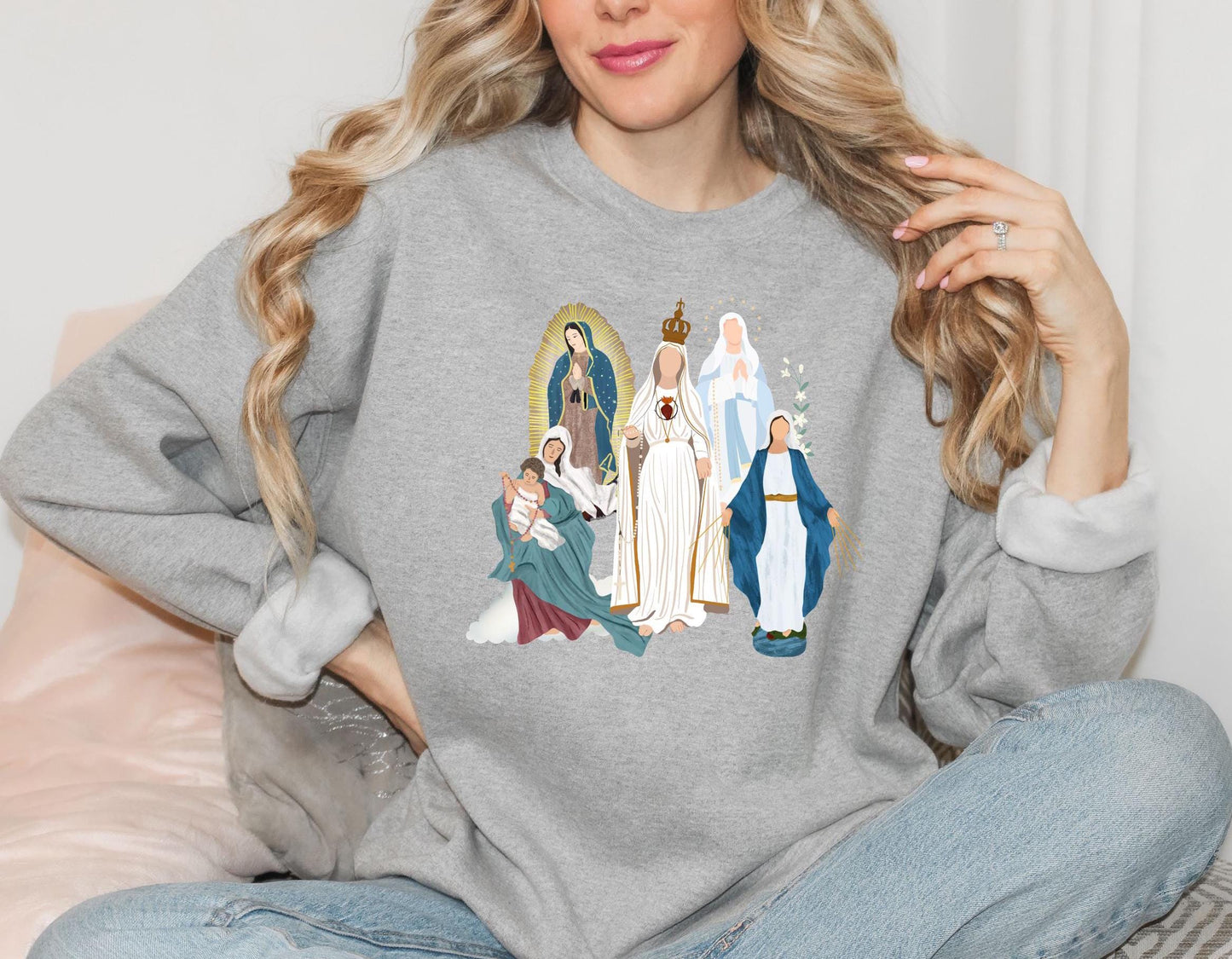 Blessed Virgin Mary Sweatshirt, Marian Medley Sweatshirt, Our Lady of Fatima Cozy Top, Our Lady of Guadalupe Warm Sweater, Catholic Gifts