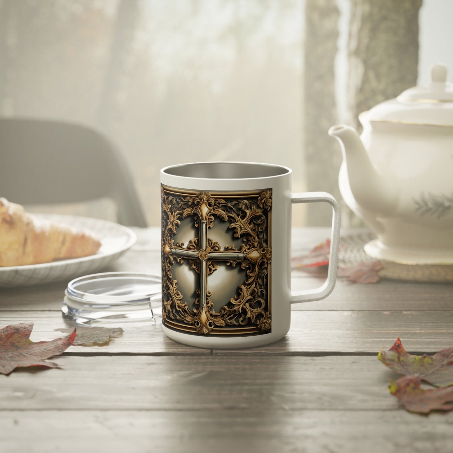 Decorative Cross Insulated Coffee Mug | 10oz | Snap-on Lid