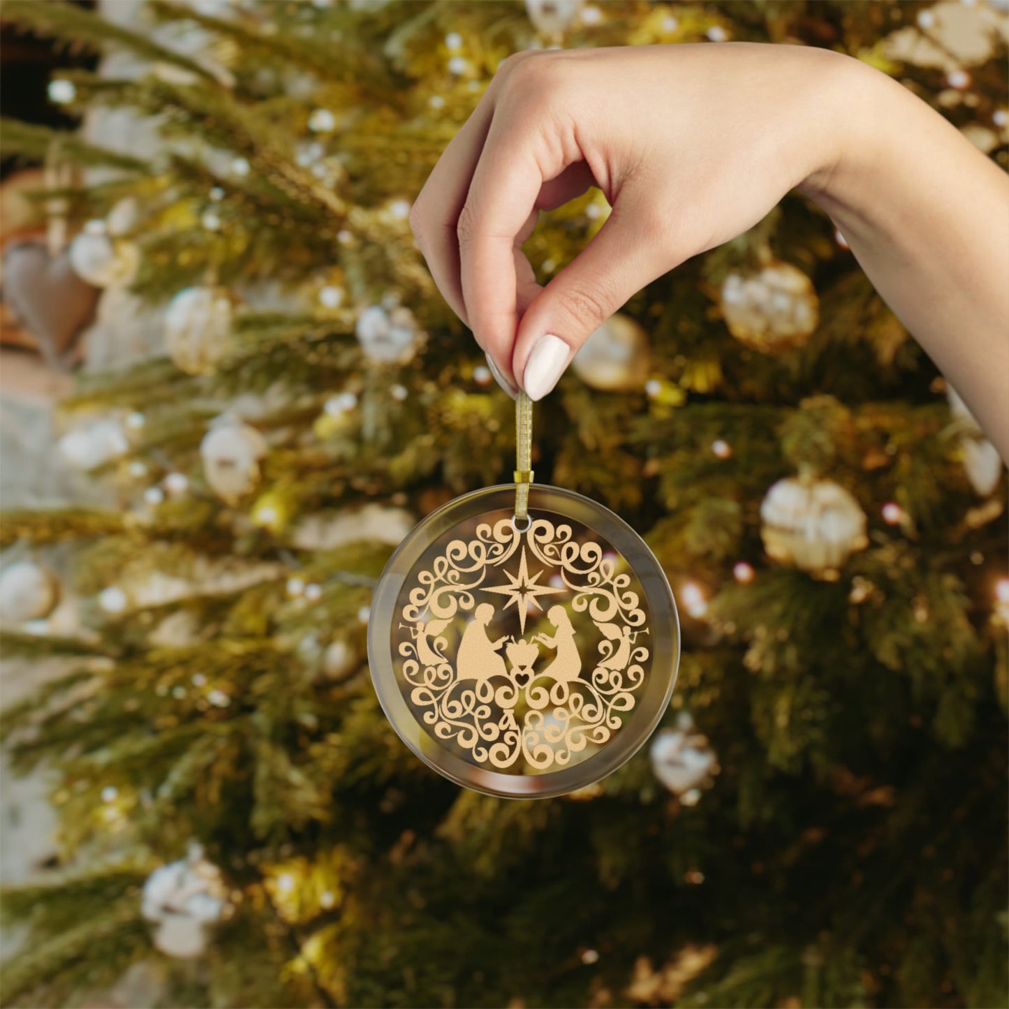 Gold Nativity Scene Glass Ornament, Nativity Christmas Ornaments, Catholic Gifts, Christian Ornament