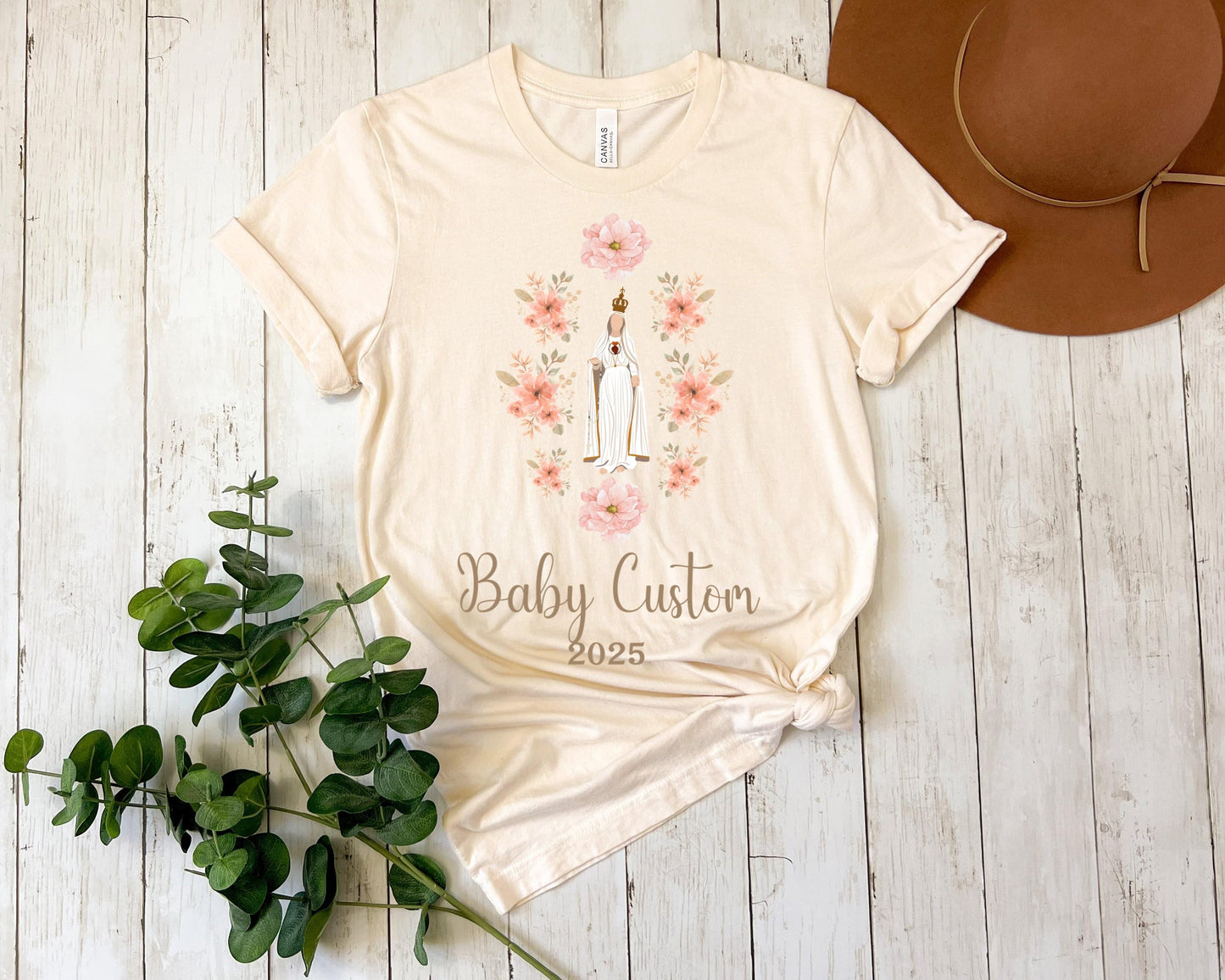 Custom Catholic Baby Announcement Tee, Unisex Jersey Short Sleeve Shirt, Personalized Virgin Mary, Baby Shower Gift, Marian Clothing