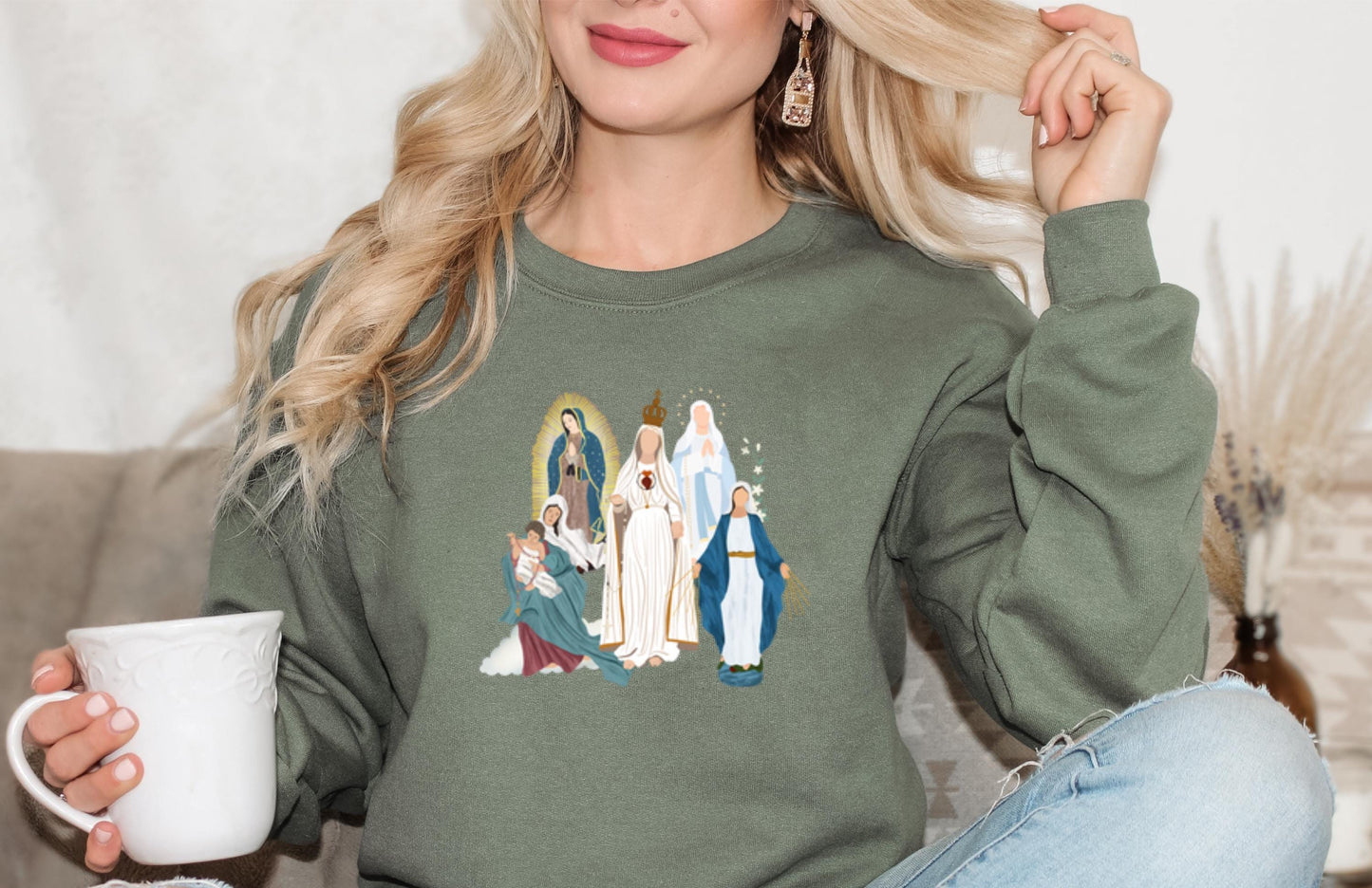 Blessed Virgin Mary Sweatshirt, Our Lady of Guadalupe Cozy Top, Our Lady of Fatima Jumper, Marian Medley Crewneck Sweatshirt