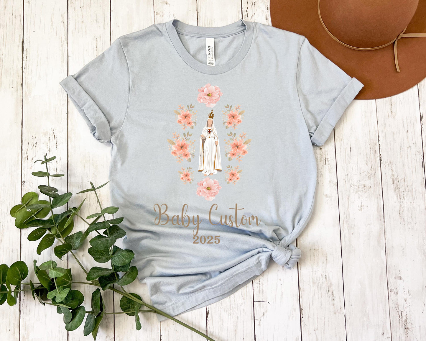 Custom Catholic Baby Announcement Tee, Unisex Jersey Short Sleeve Shirt, Personalized Virgin Mary, Baby Shower Gift, Marian Clothing