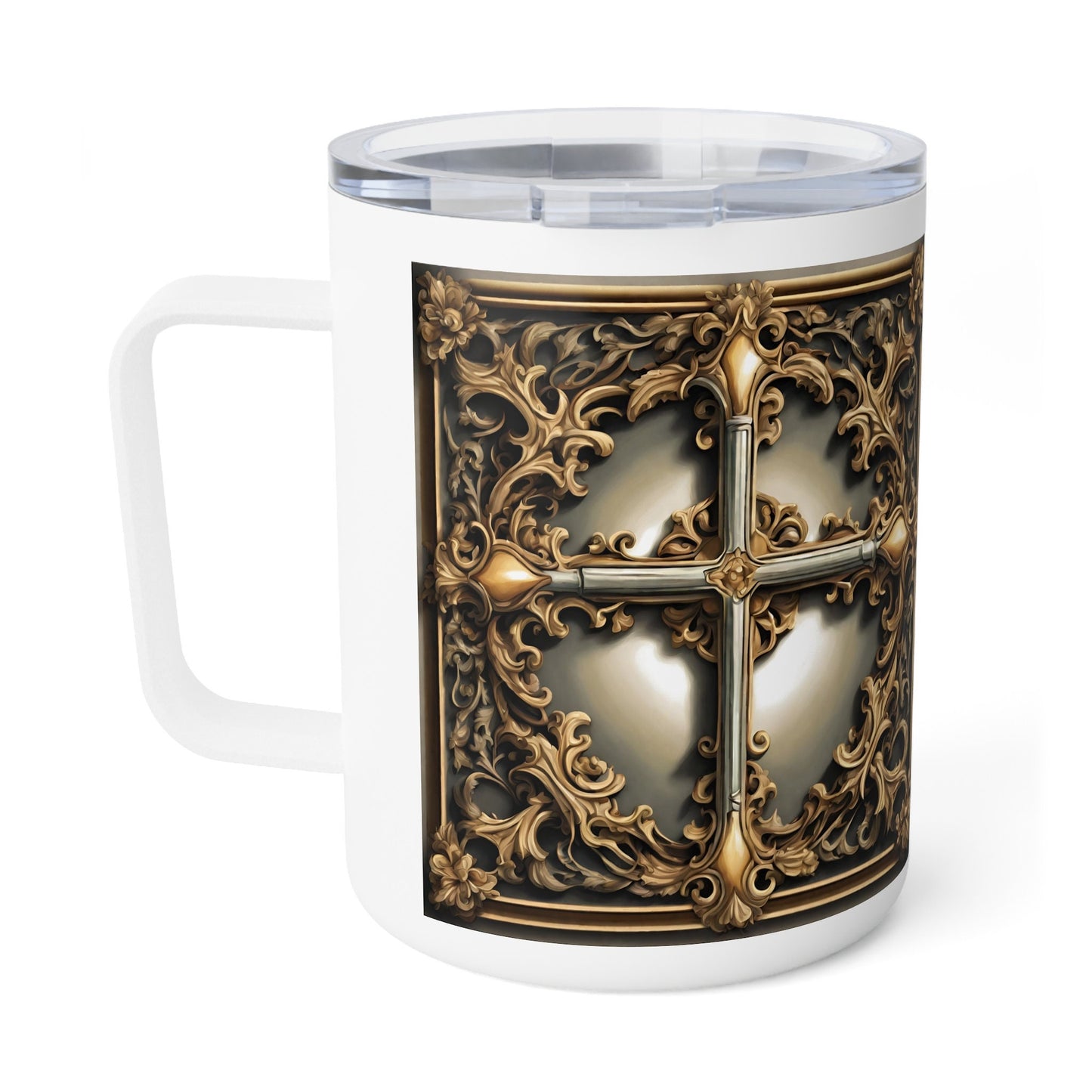 Decorative Cross Insulated Coffee Mug | 10oz | Snap-on Lid
