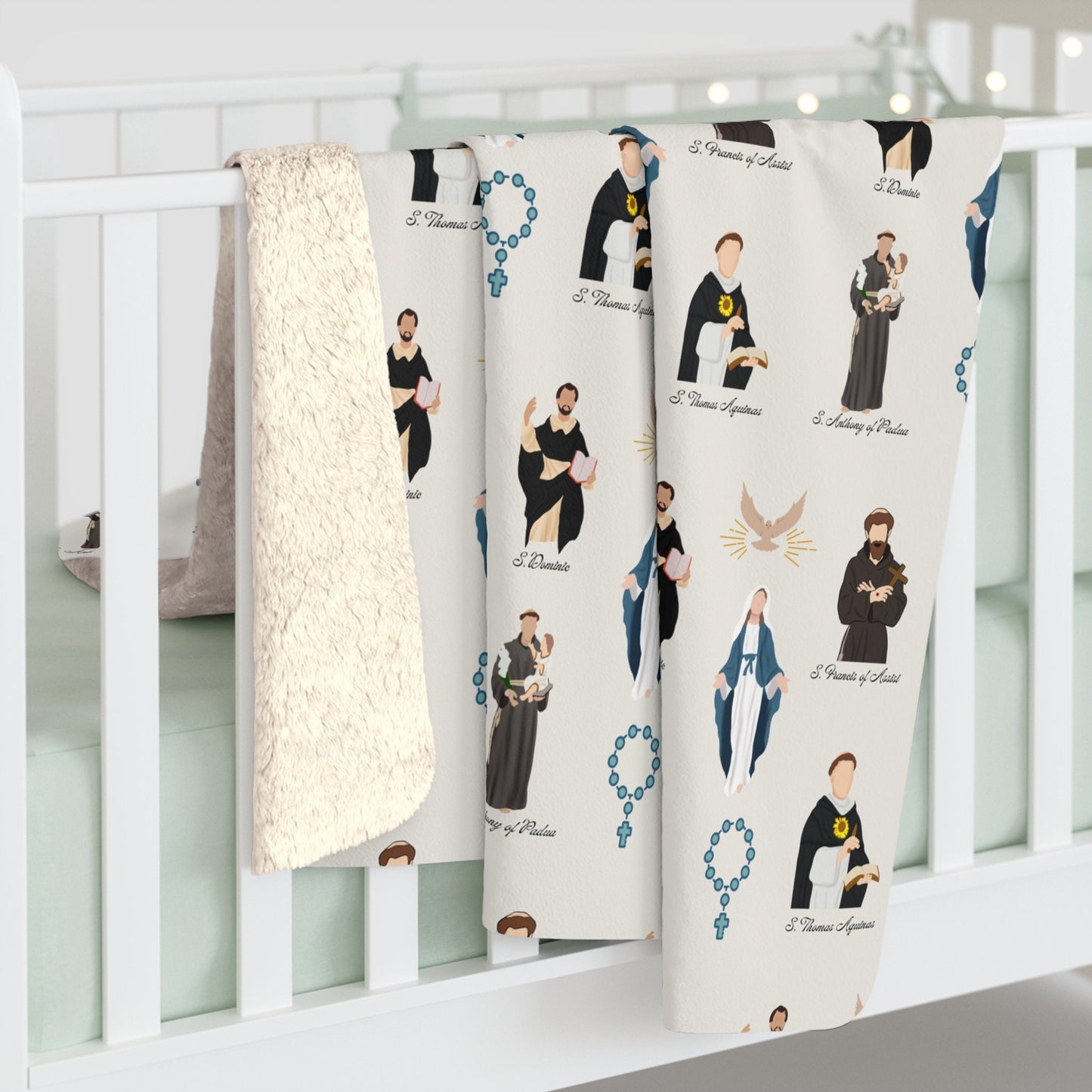 Catholic Saints Sherpa Fleece Blanket, Extra Warm Throw for Catholics, Featuring Saint Dominic, St Thomas Aquinas, Saint Anthony, St Francis