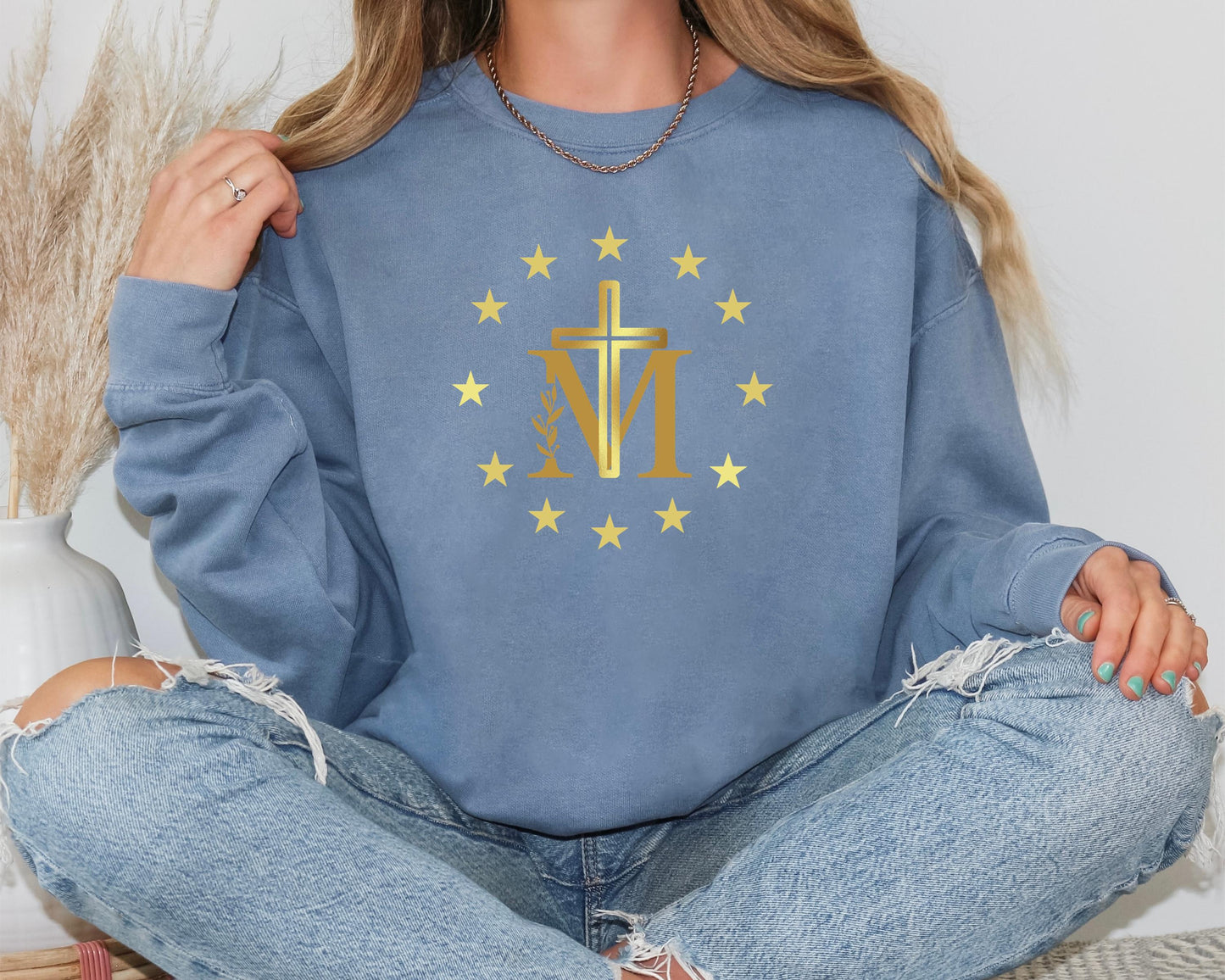 Marian Cross Blessed Virgin Mary Sweatshirt, Unisex Jumper for Catholics, Our Lady Gift, Blessed Mother Cross Crewneck, Religious Apparel