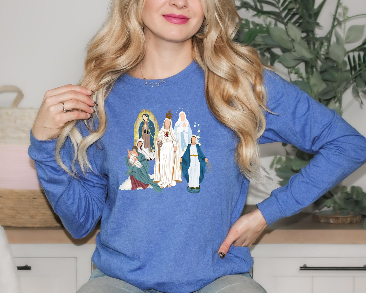 Blessed Virgin Mary Long Sleeve Tee, Marian Medley Shirt, Our Lady of Fatima Top, Our Lady of Guadalupe Long Sleeve T Shirt, Catholic Gifts