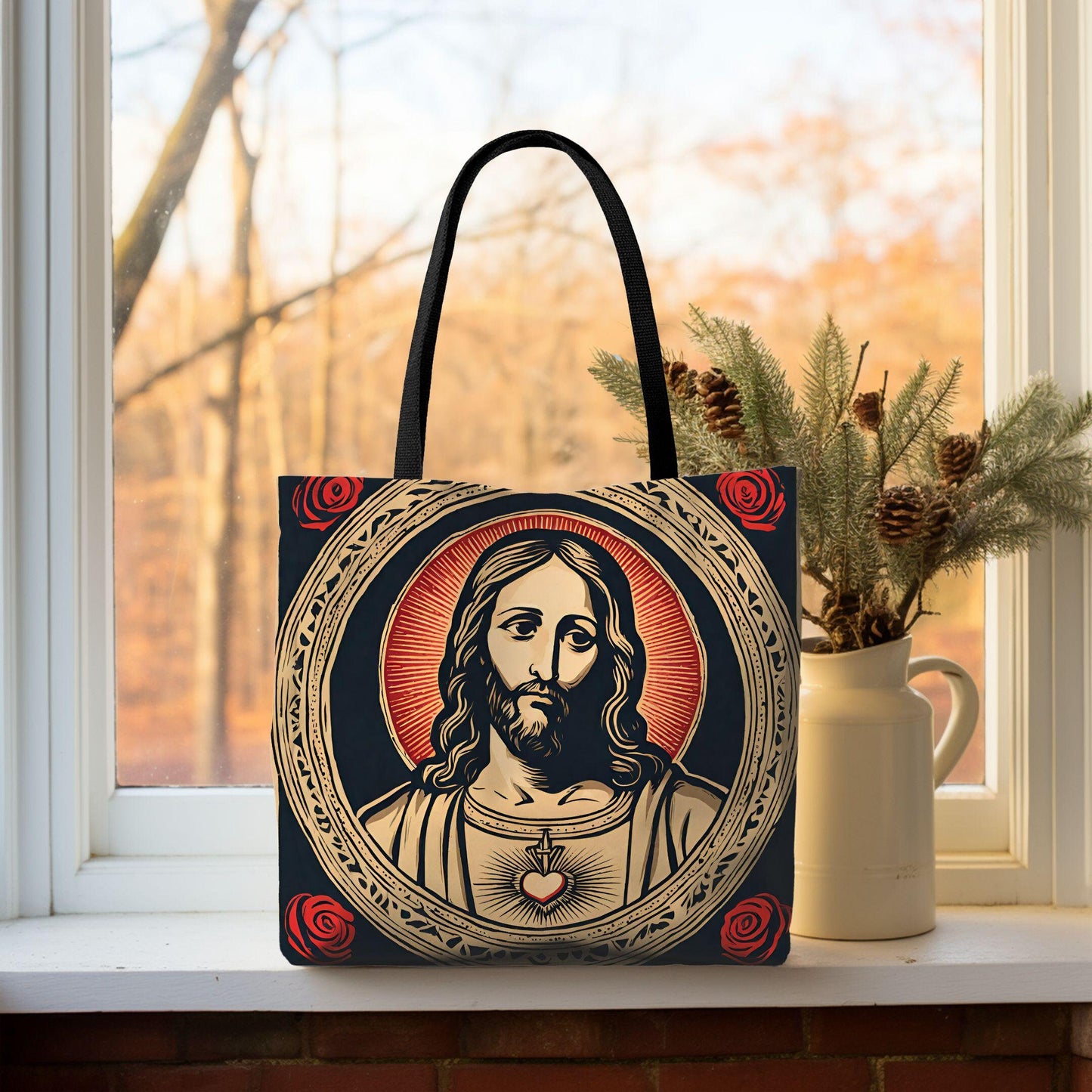 Catholic Tote Bag Sacred Heart of Jesus, Retro Catholic Totes, Sacred Heart Tote Bag, Vintage Style Daily Bag, Canvas Tote Bag