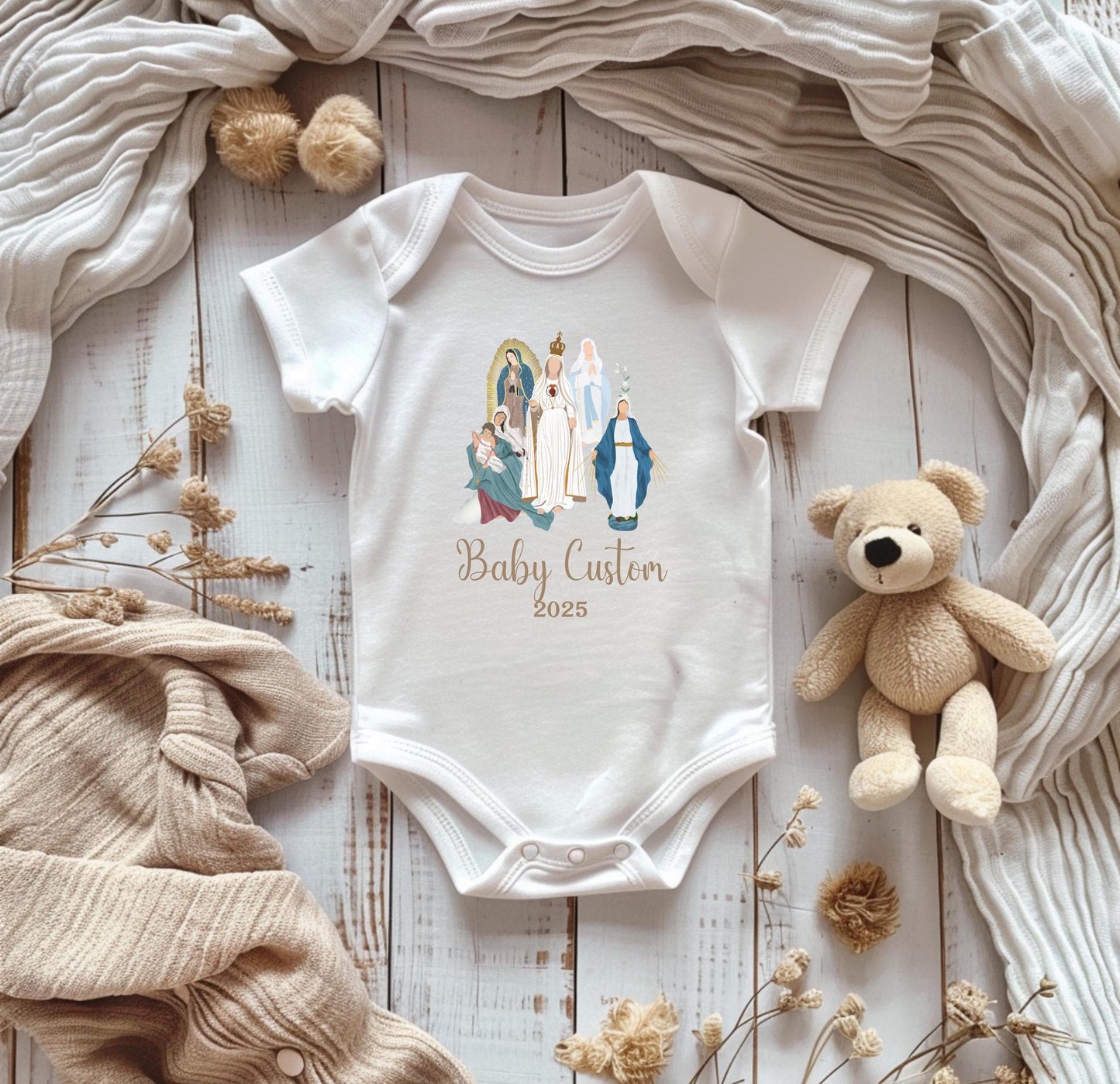 Personalized Virgin Mary Infant Bodysuit, Custom Marian Diaper Shirt, Our Lady of Fatima, Religious Infant One Piece, Baby Clothes, Baptism