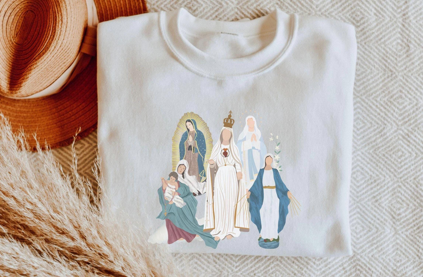 Blessed Virgin Mary DryBlend Sweatshirt, Marian Medley Sweatshirt, Crewneck Cozy Top, Our Lady of Guadalupe Warm Sweater, Catholic Gifts