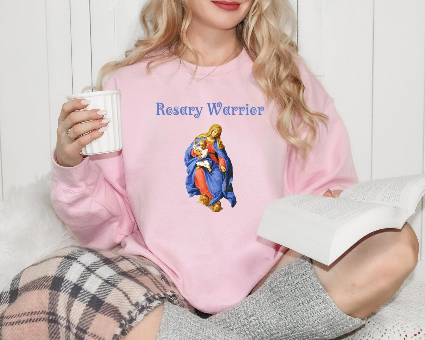 Blessed Virgin Mary Rosary Sweatshirt, Unisex Crewneck Jumper, Catholic Gift for Mom, Rosary Warrior Apparel, Catholic Sweatshirt