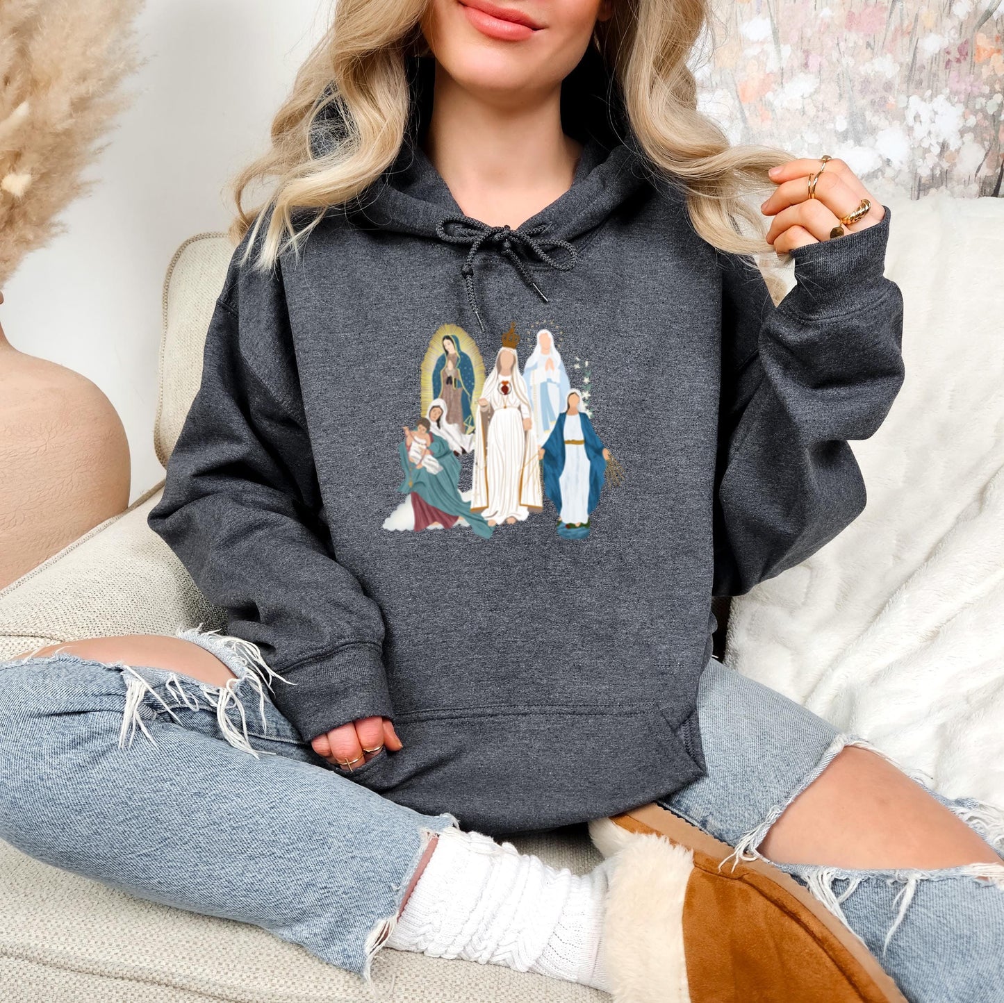 Blessed Virgin Mary Hooded Sweatshirt, Marian Medley Hoodie, Our Lady of Fatima Warm Top, Our Lady of Guadalupe Cozy Sweater, Catholic Gifts