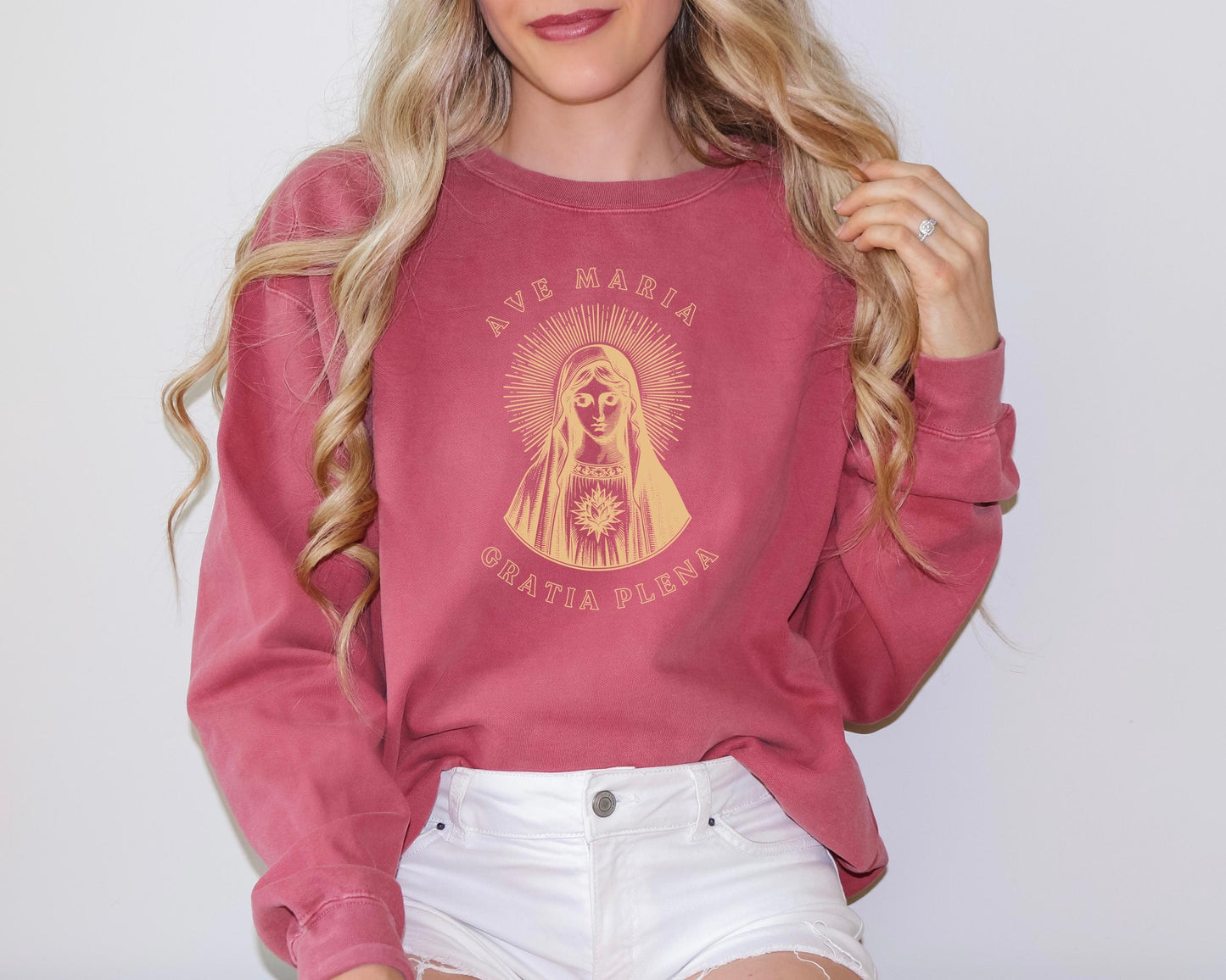 Ave Maria Catholic Sweatshirt, Comfort Colors Blessed Virgin Mary Top, Unisex Sweatshirt, Religious Gift, Christian Apparel, Marian