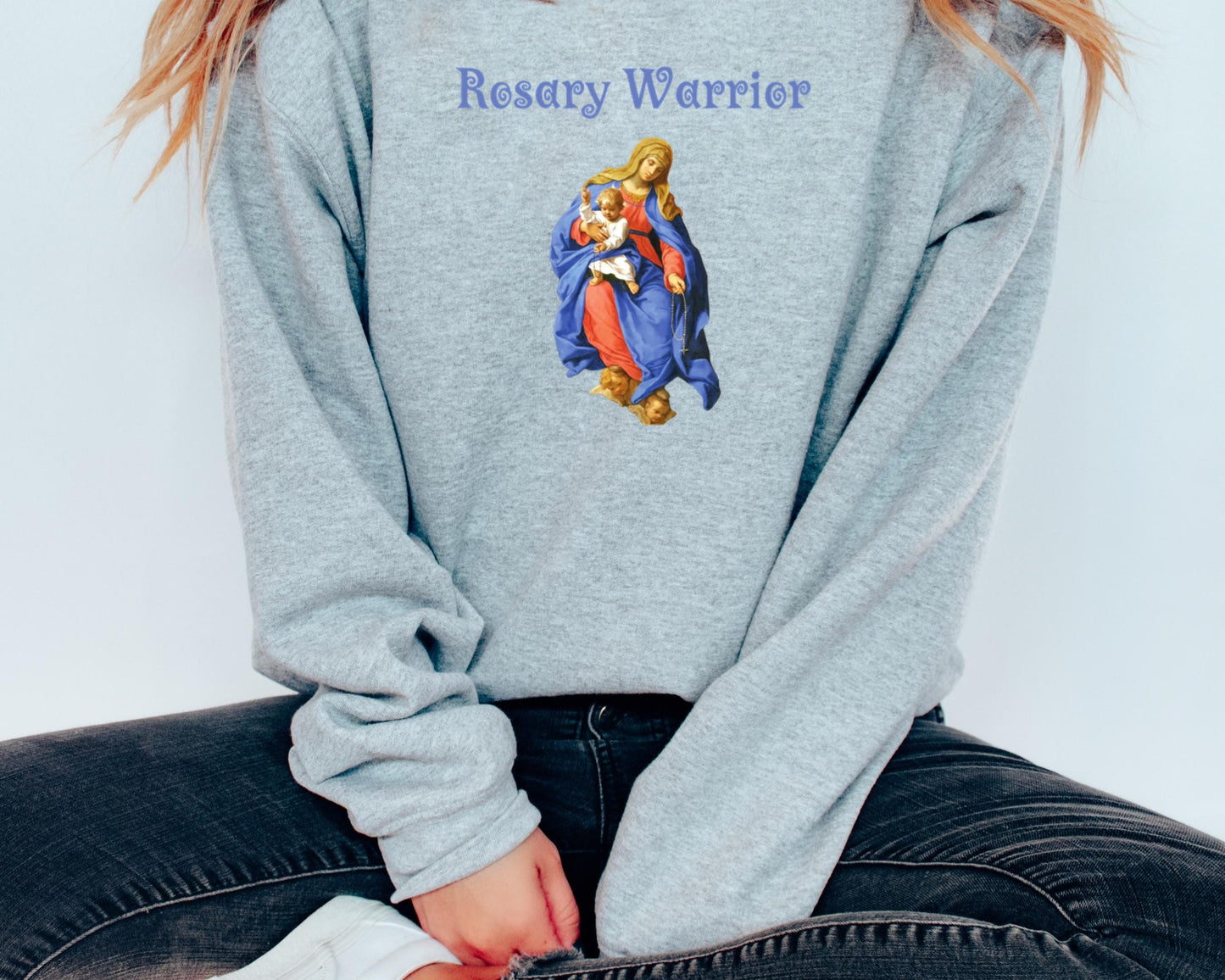 Blessed Virgin Mary Rosary Sweatshirt, Unisex Crewneck Jumper, Catholic Gift, Rosary Warrior Apparel, Catholic Sweatshirt