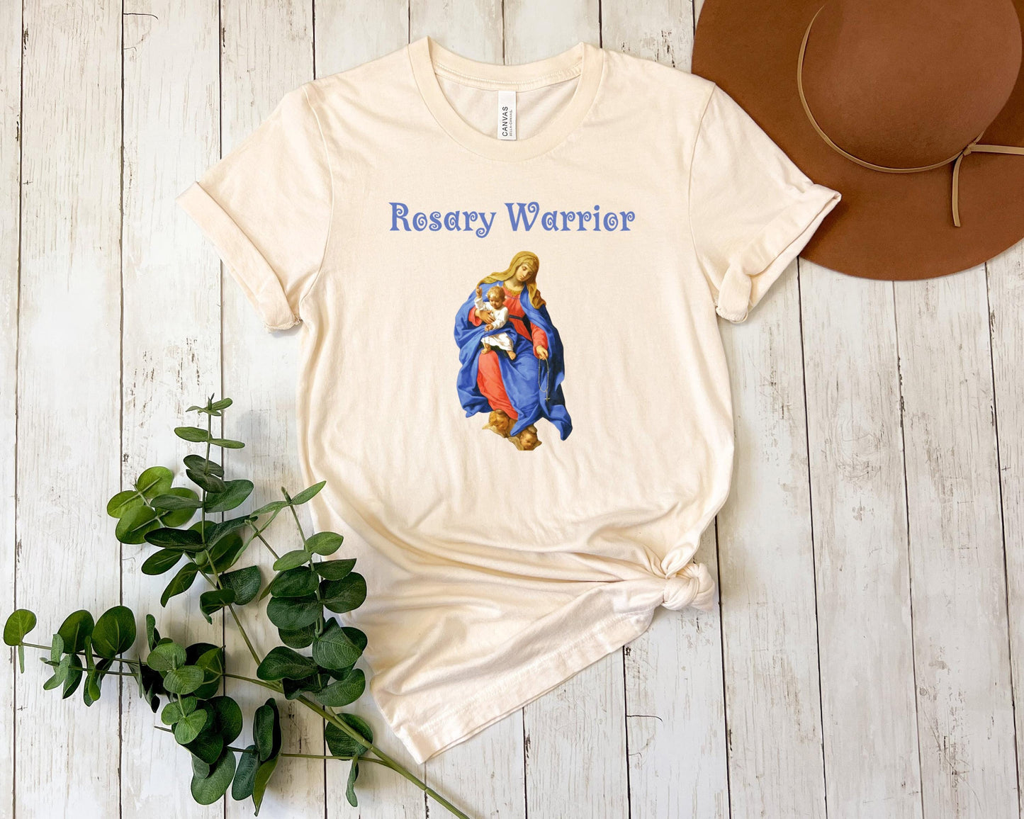 Virgin Mary Rosary Tee, Rosary Warrior Catholic T-Shirt, Marian Shirt, Catholic Apparel, Faith-Based Top, Catholic Gift