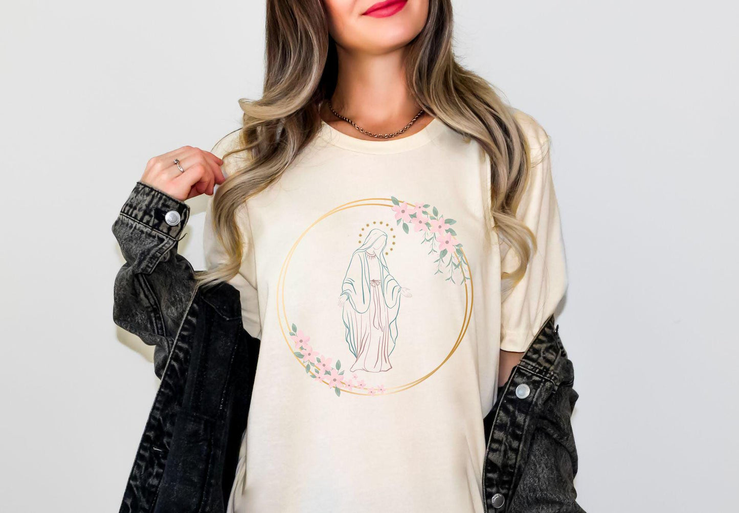 Virgin Mary Floral Tee, Marian Flower T-Shirt, Our Lady Top, Mother of God Comfy T Shirt, Catholic Gift
