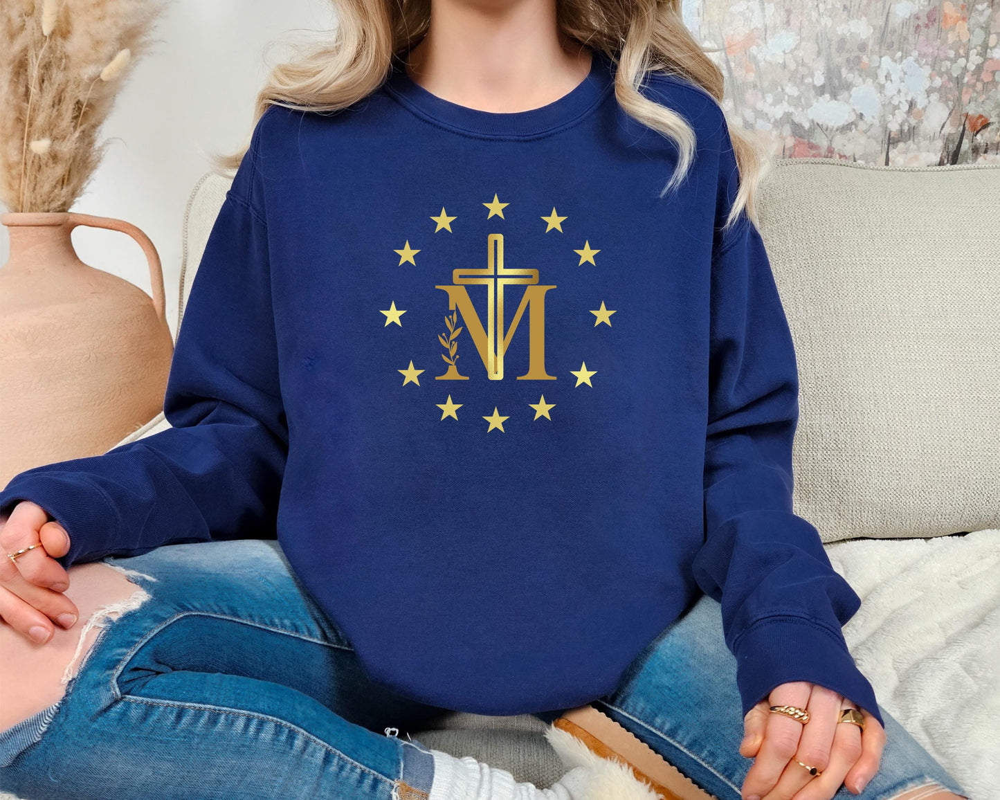 Marian Cross Blessed Virgin Mary Sweatshirt, Unisex Jumper for Catholics, Our Lady Gift, Blessed Mother Cross Crewneck, Religious Apparel