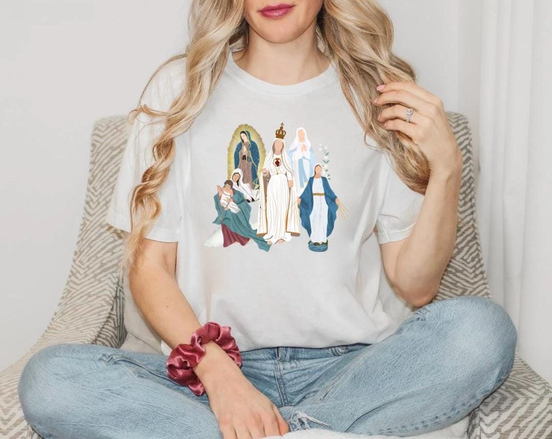 Blessed Virgin Mary Tee, Marian Medley T-Shirt, Our Lady of Fatima Top, Our Lady of Guadalupe Comfy T Shirt, Catholic Gifts