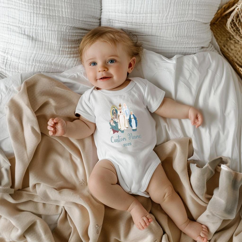 Custom Virgin Mary Infant Bodysuit, Personalized Marian Diaper Shirt, Our Lady of Fatima, Religious Infant One Piece, Baby Clothes, Baptism