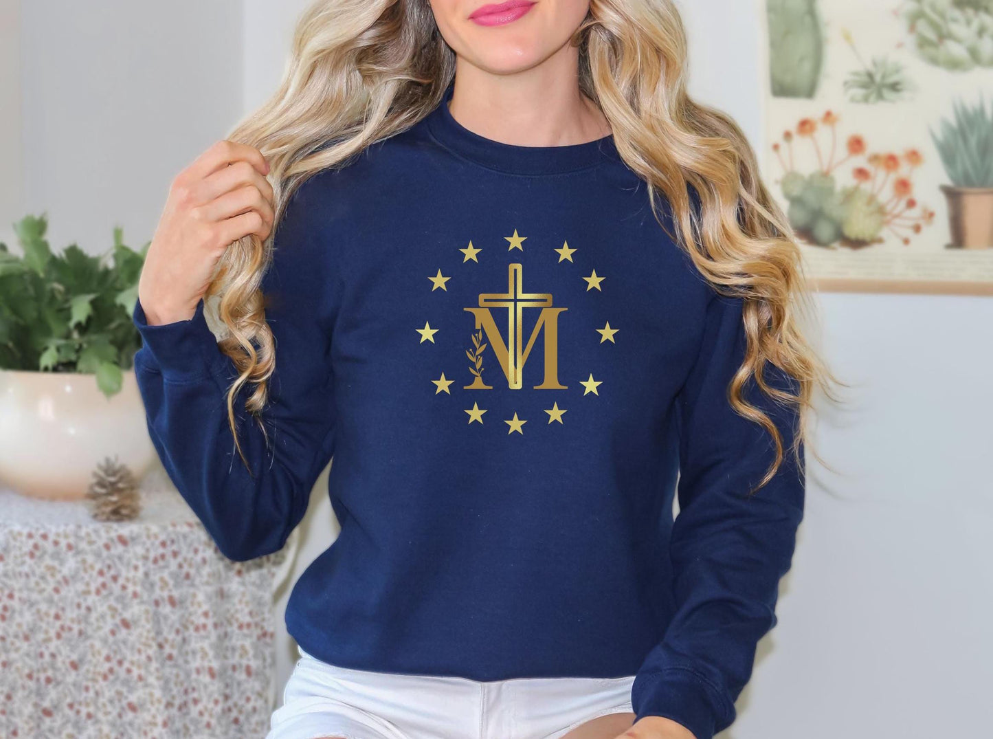 Marian Cross Blessed Virgin Mary Sweatshirt, Catholic Crewneck Jumper, Our Lady Sweatshirt, Blessed Mother Cross Sweatshirt, Catholic Gift