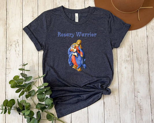 Virgin Mary Rosary Tee, Rosary Warrior Catholic T-Shirt, Marian Shirt, Catholic Apparel, Faith-Based Top, Catholic Gift