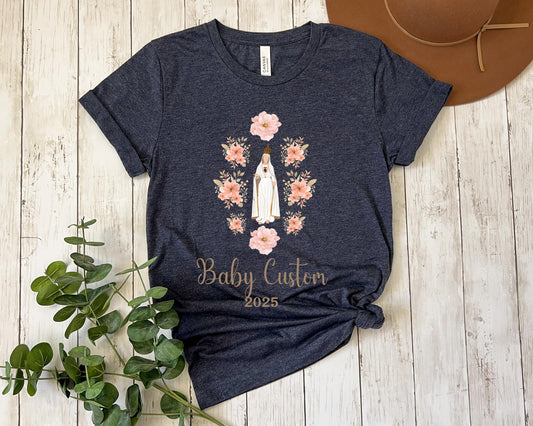 Custom Catholic Baby Announcement Tee, Unisex Jersey Short Sleeve Shirt, Personalized Virgin Mary, Baby Shower Gift, Marian Clothing